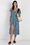 Blue Daisy Print V-Neck Side Slit Midi Dress /1-2-2-1