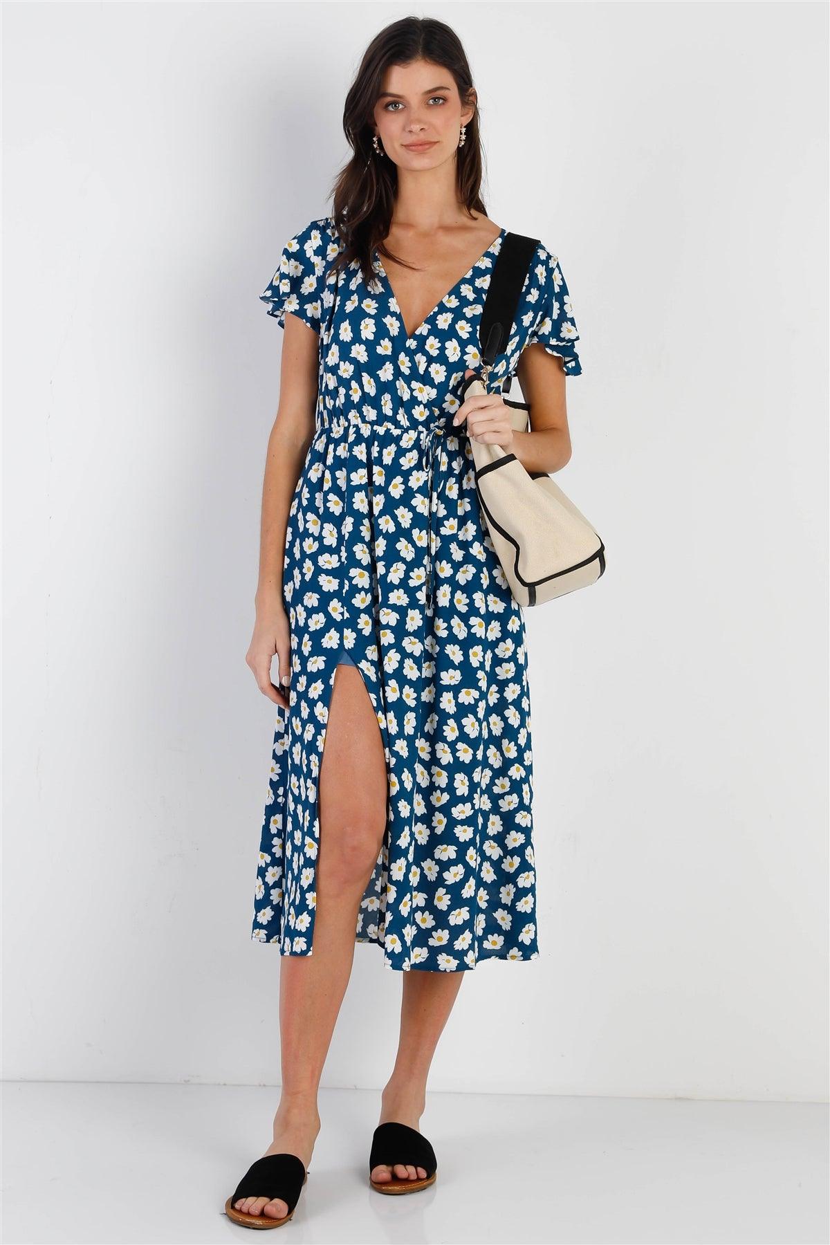 Blue Daisy Print V-Neck Side Slit Midi Dress /1-2-2-1