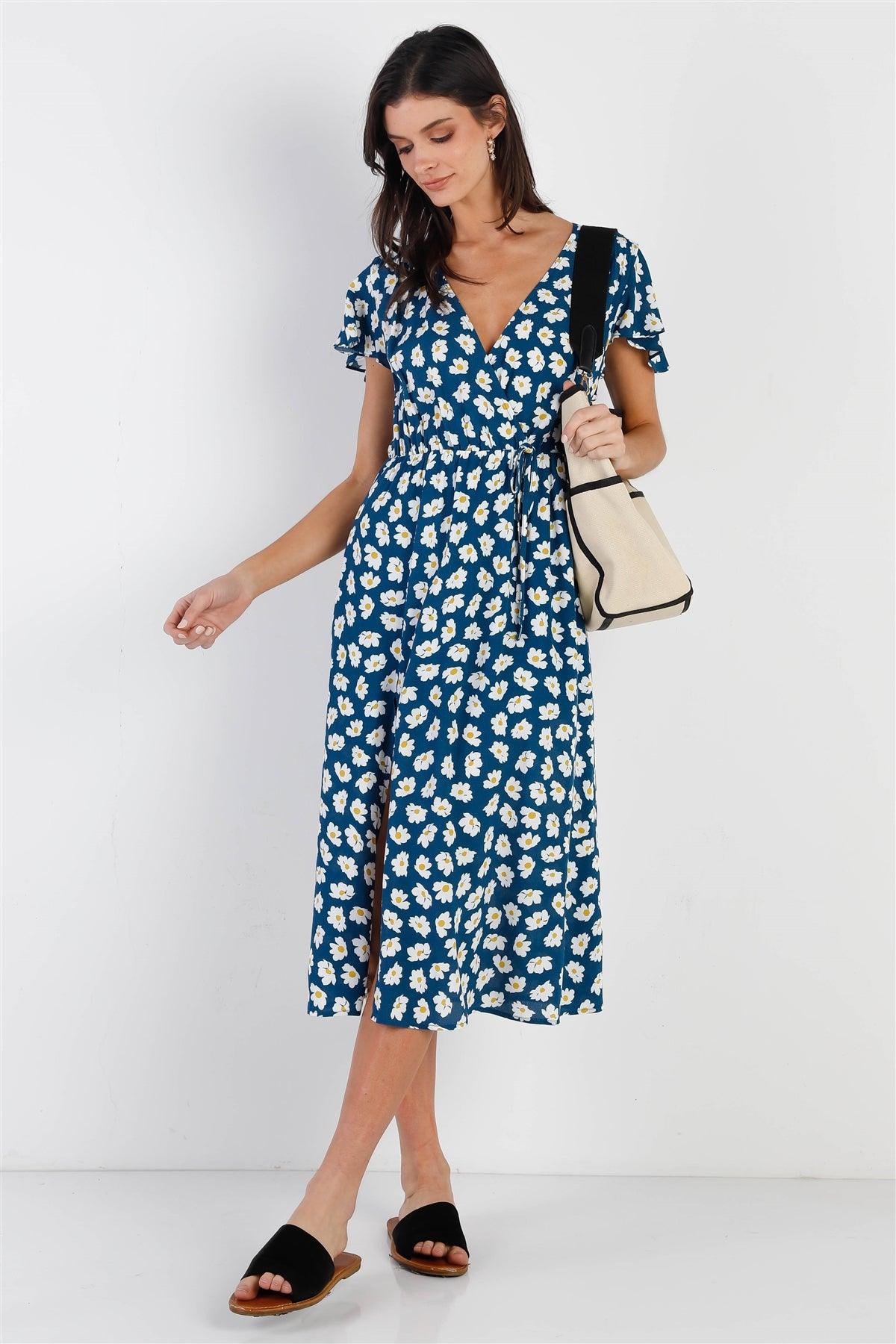 Blue Daisy Print V-Neck Side Slit Midi Dress /1-2-2-1