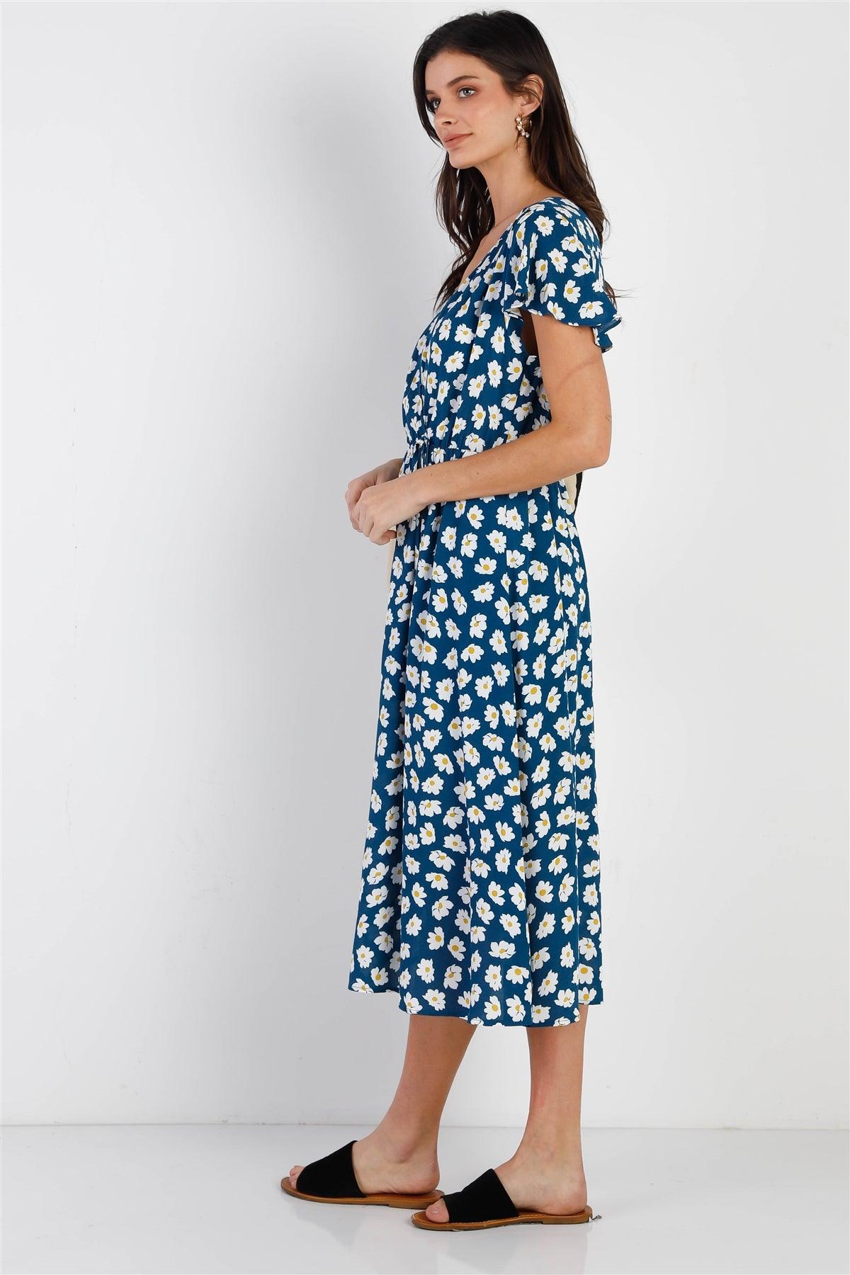 Blue Daisy Print V-Neck Side Slit Midi Dress /1-2-2-1