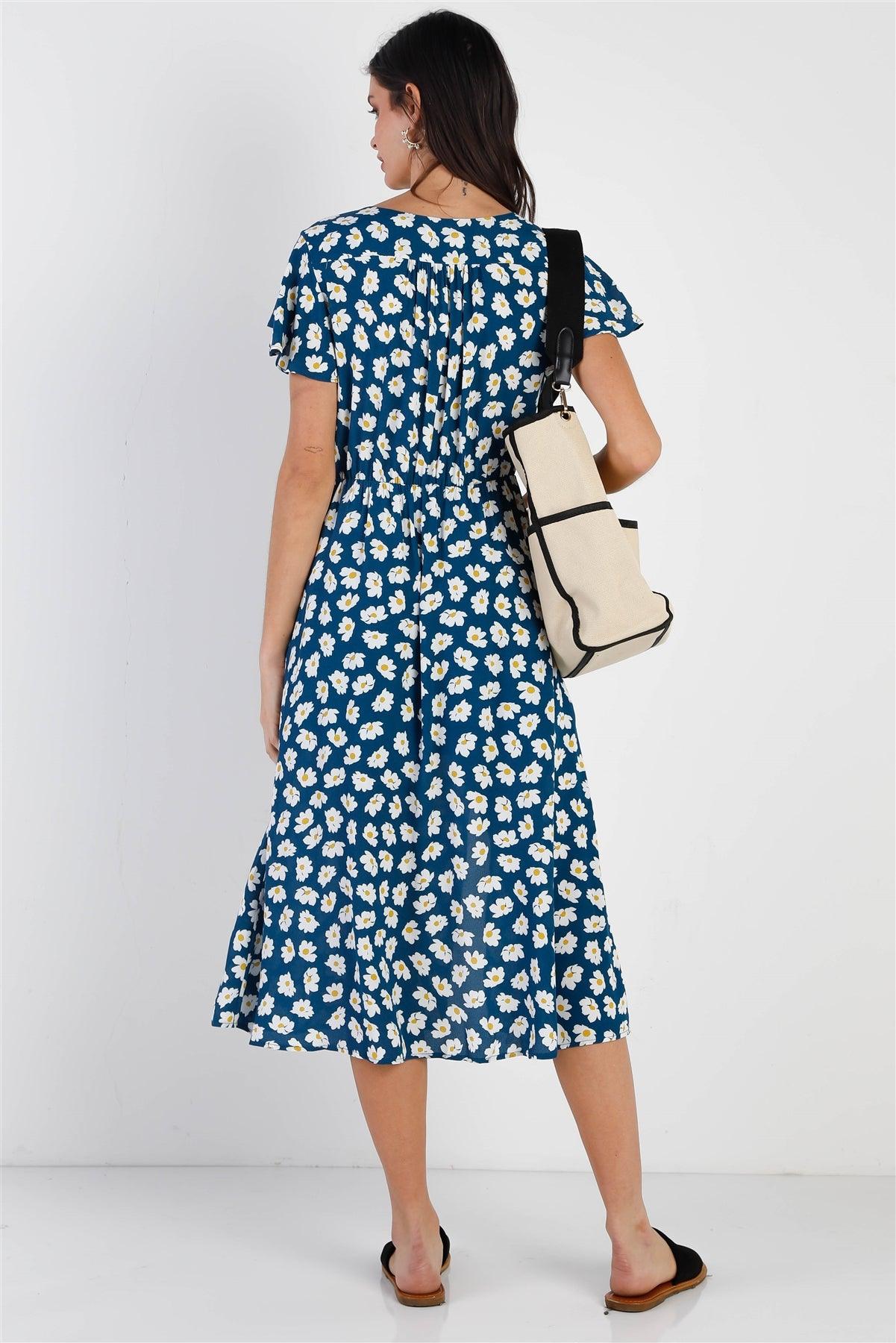 Blue Daisy Print V-Neck Side Slit Midi Dress /1-2-2-1