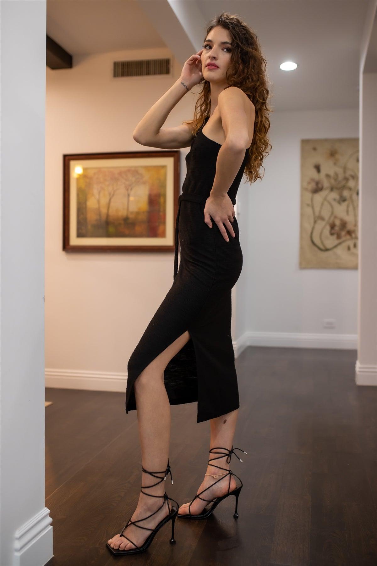 Black Textured One Shoulder Belted Side Slit Midi Dress /3-3