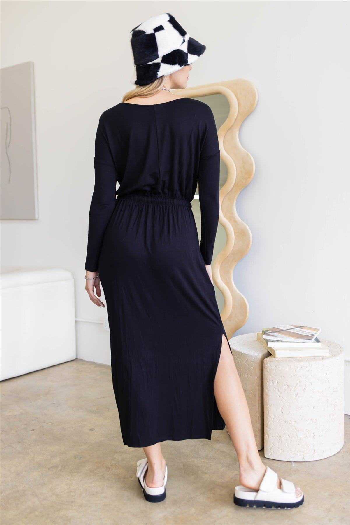 Black Midi Sleeve Basic Maxi Dress /1-1-1