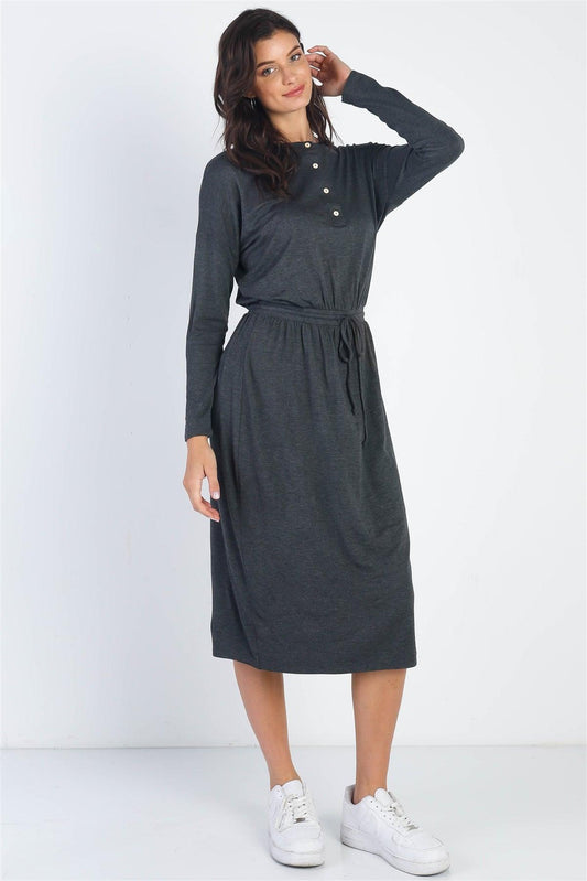 Charcoal Button Up Neck Detail Fitted Waist Midi Dress /2-1