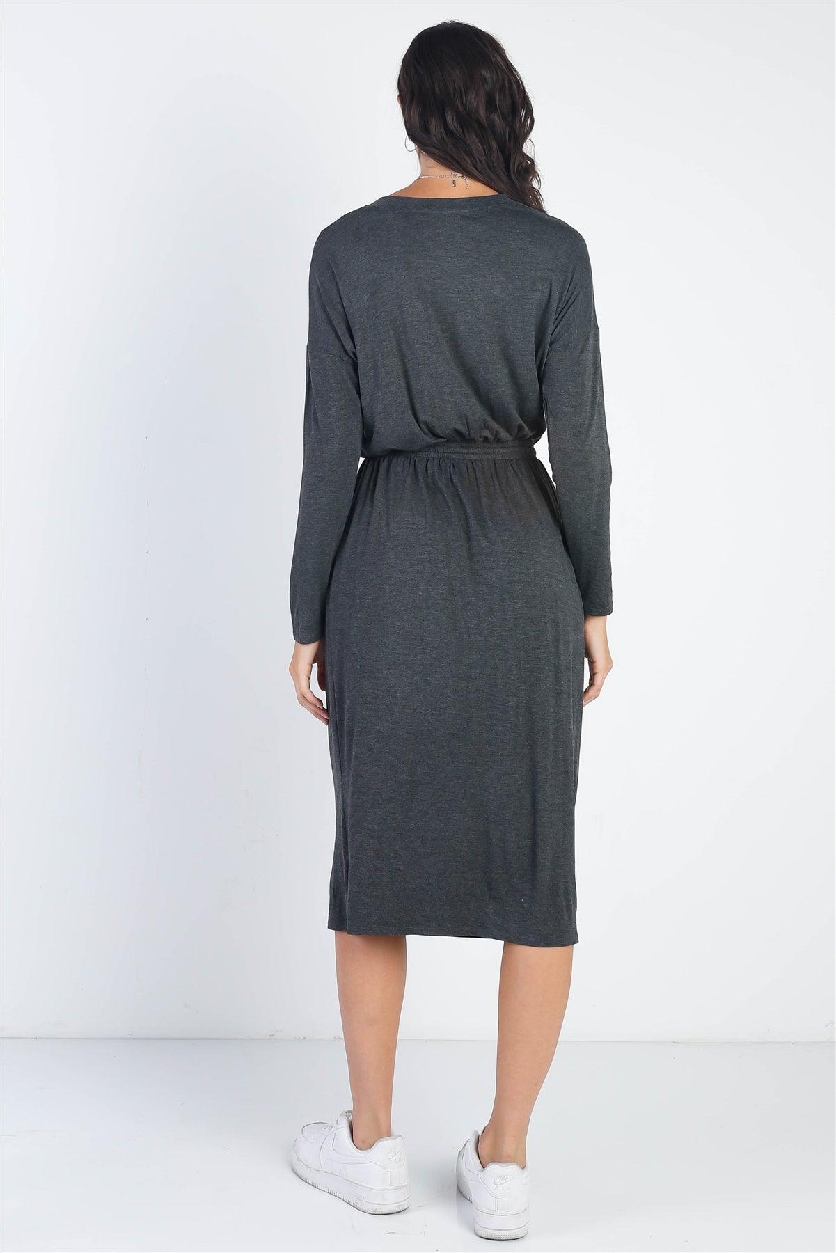 Charcoal Button Up Neck Detail Fitted Waist Midi Dress /2-1