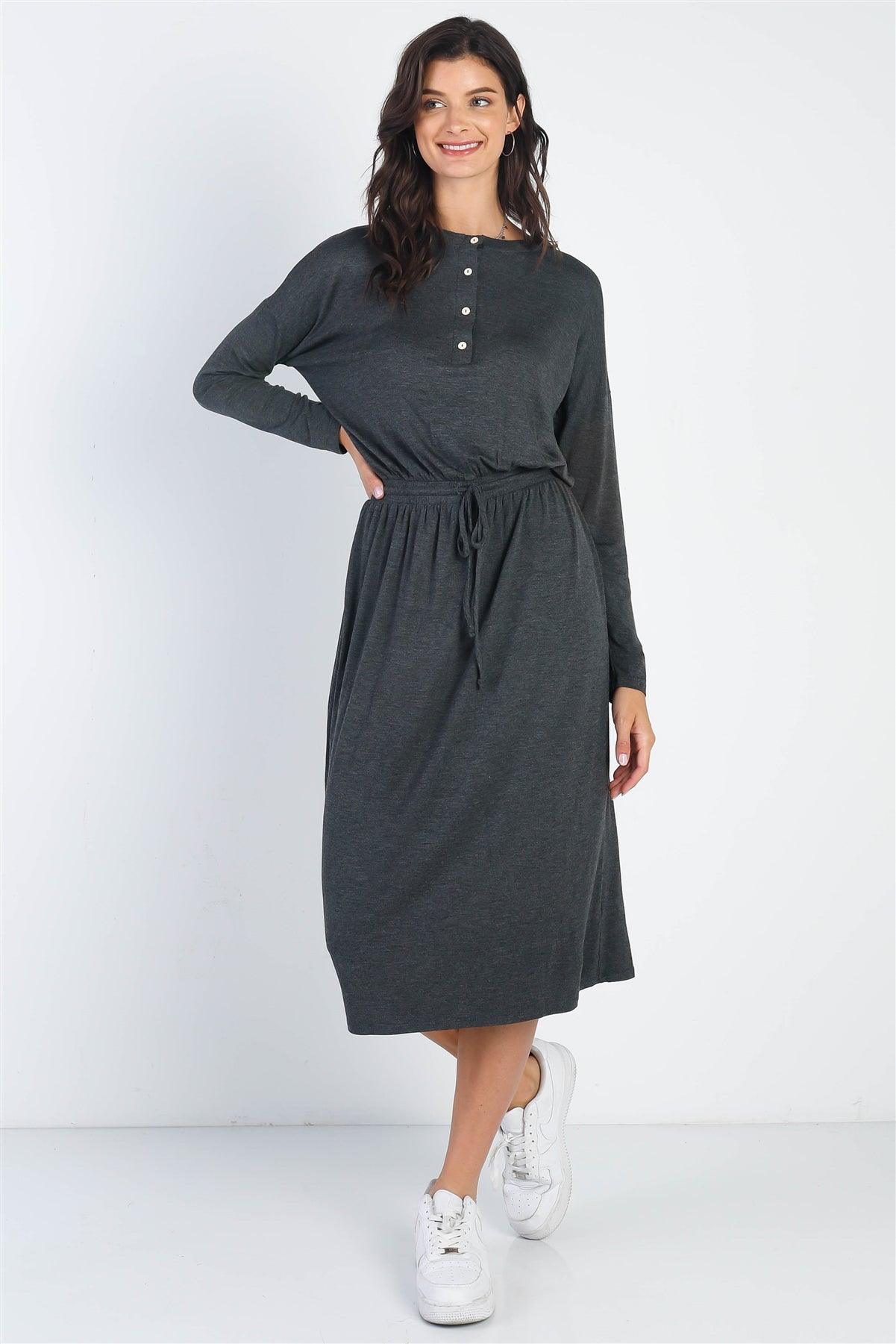 Charcoal Button Up Neck Detail Fitted Waist Midi Dress /2-1