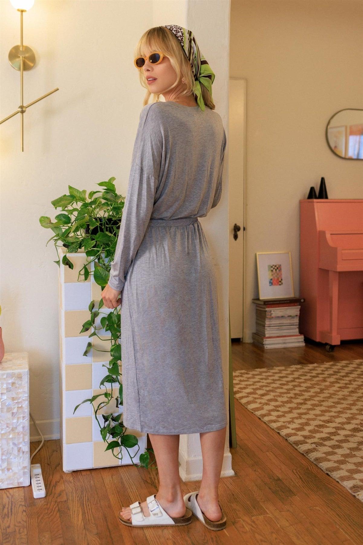 Heather Grey Button Up Neck Detail Fitted Waist Midi Dress /1-1-1