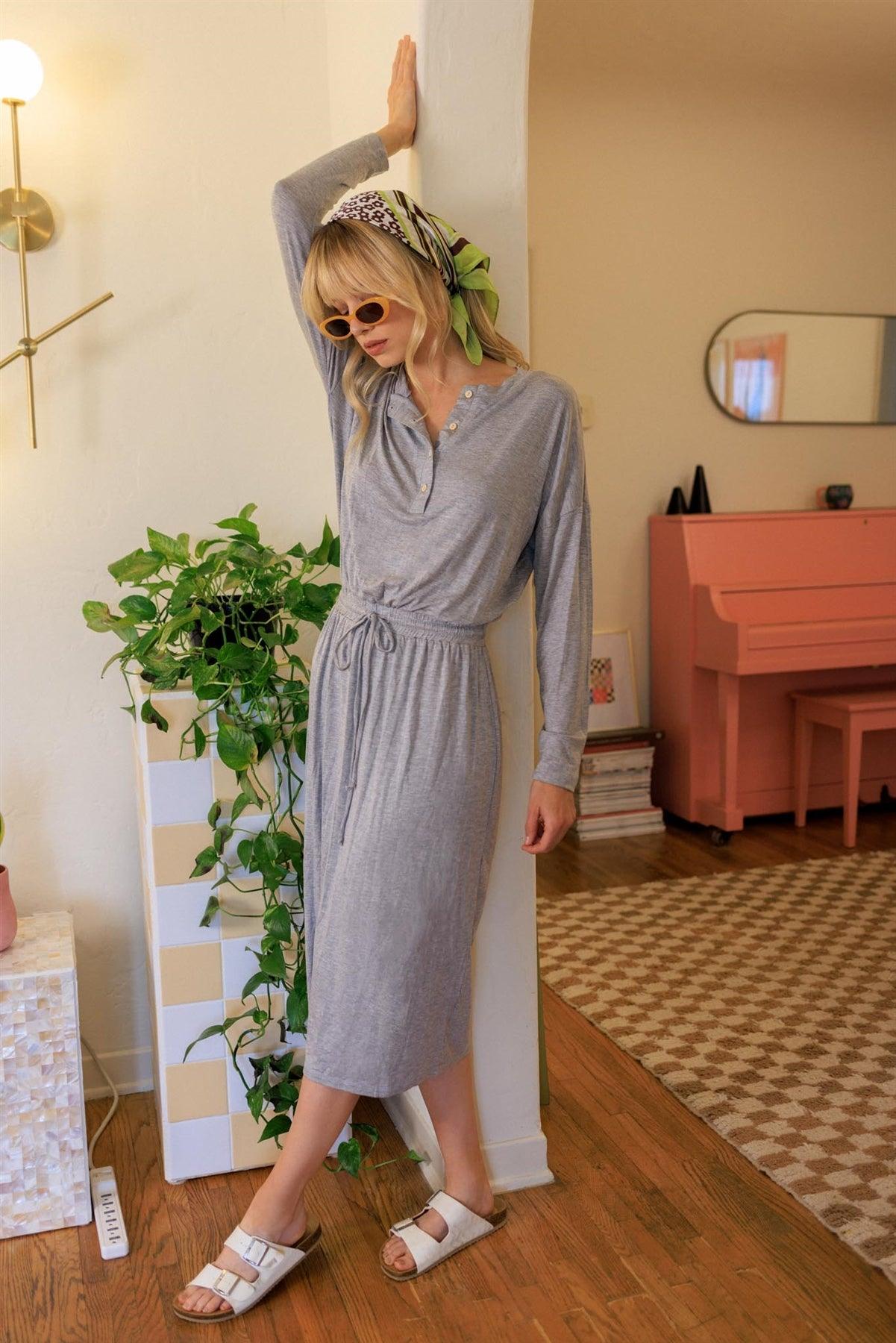 Heather Grey Button Up Neck Detail Fitted Waist Midi Dress /1-1-1