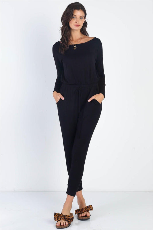 Black Round Neck Fitted Waistline Two Pocket Jumpsuit /1-1-1