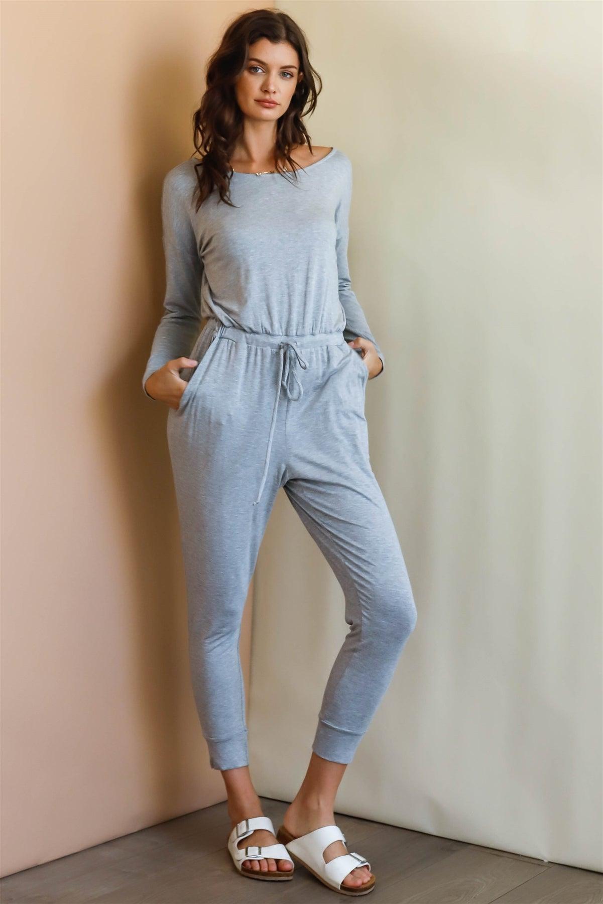 Heather Grey Round Neck Fitted Waistline Two Pocket Jumpsuit /1-1-1