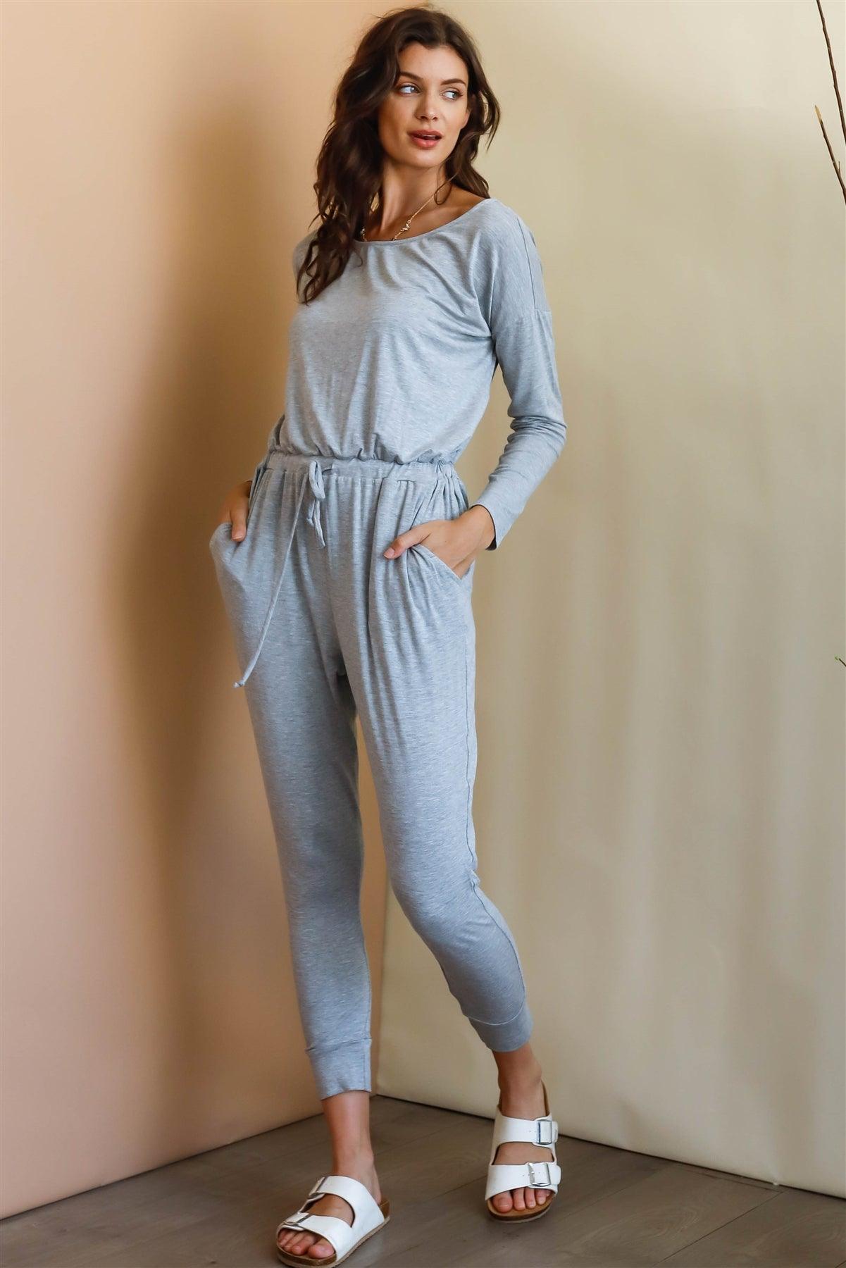 Heather Grey Round Neck Fitted Waistline Two Pocket Jumpsuit /1-1-1