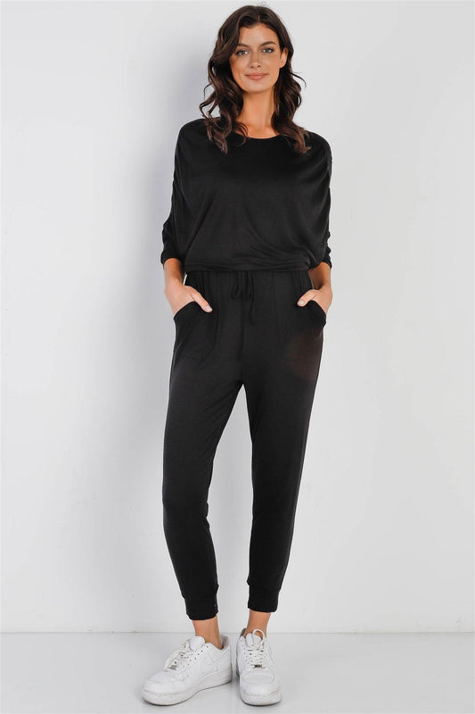 Black Ruched Detail Dolman Midi Sleeve Fitted Waistline Jumpsuit /1-1-1