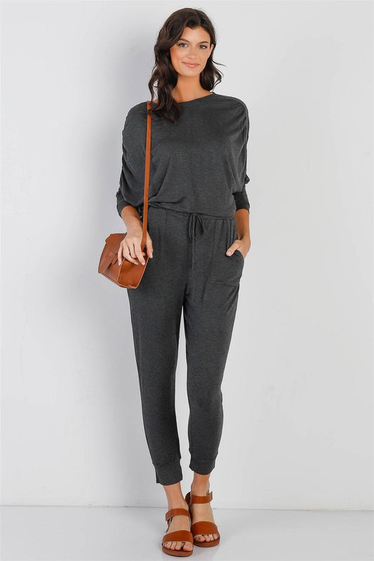 Charcoal Ruched Detail Dolman Midi Sleeve Fitted Waistline Jumpsuit /1-1-1