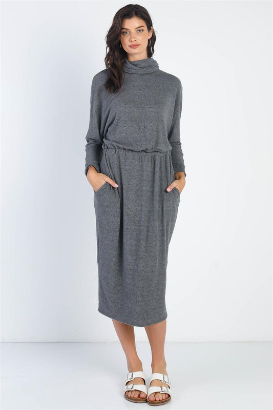 Charcoal Turtle Neck Long Sleeve Midi Dress /1-1-1