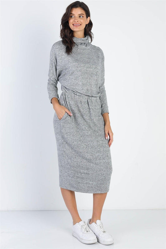 Heather Grey Turtle Neck Long Sleeve Midi Dress /1-1-1