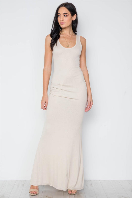 Taupe Ruched Side Jersey Tank Knit Maxi Long Dress /2-2-2