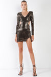 Black & Gold Rectangular Sequin V-Neck Long Sleeve Cut-Out Mini Dress /3-2-1