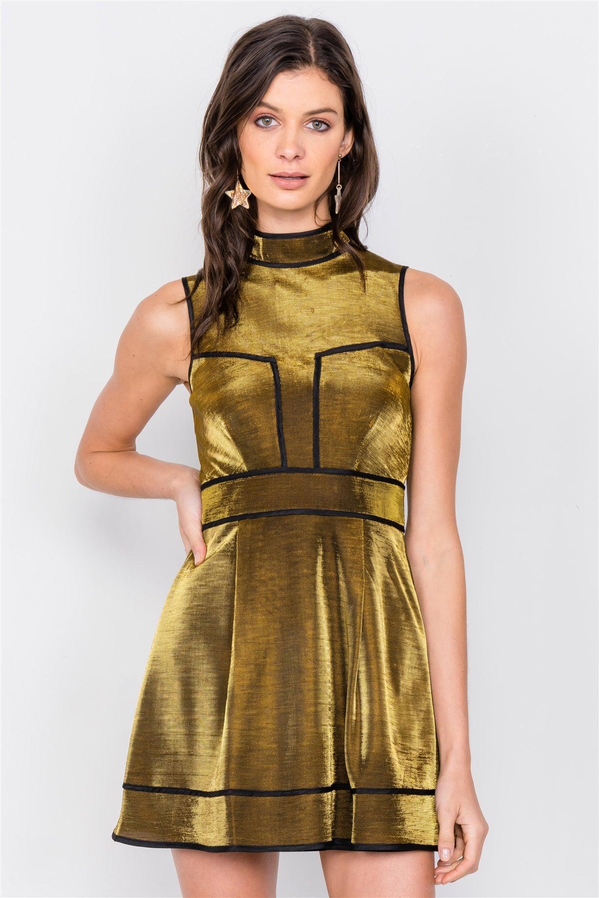 Gold Silver Metallic Mock Neck Skater Mini Dress /3-2-1