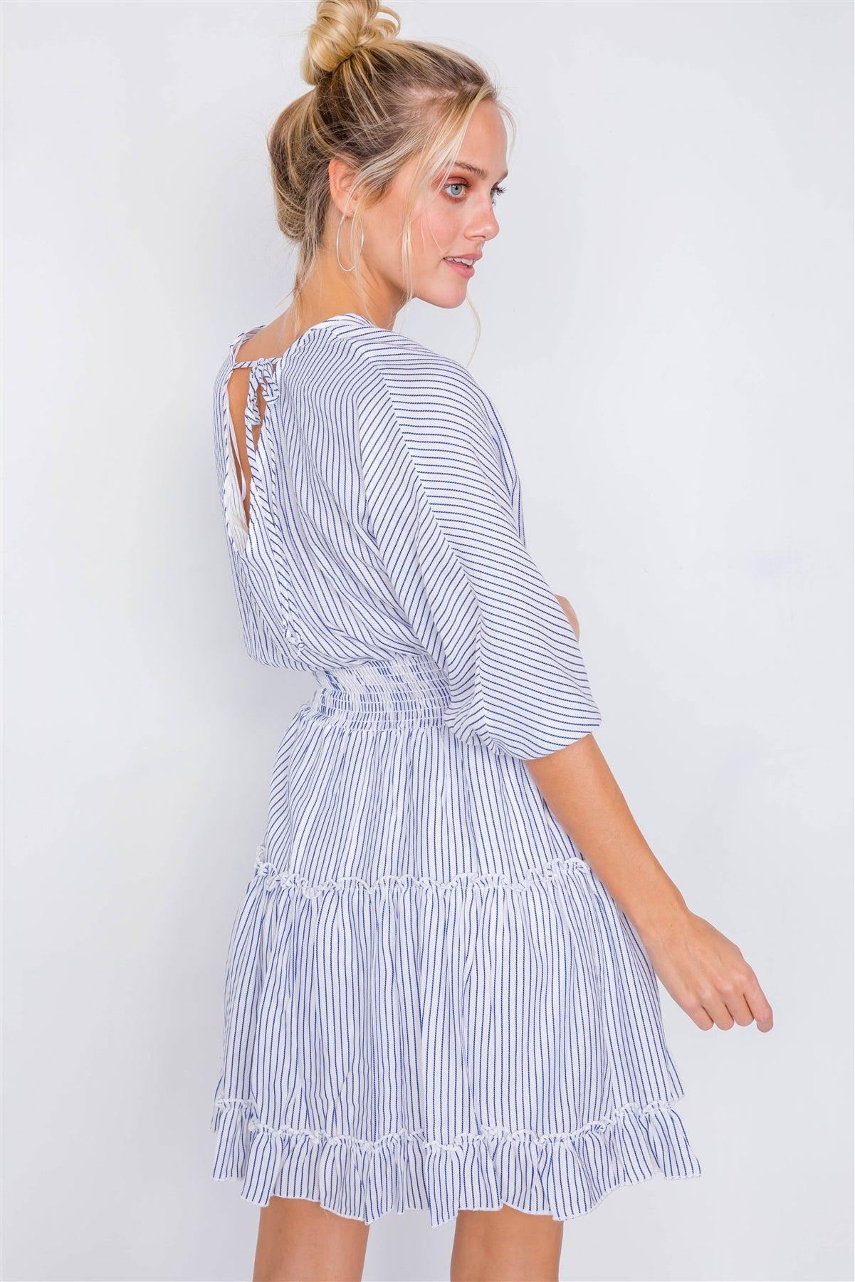 Off-White Contrast Stripes Frill Trim Modern Tencel Mini Dress /3-2-1