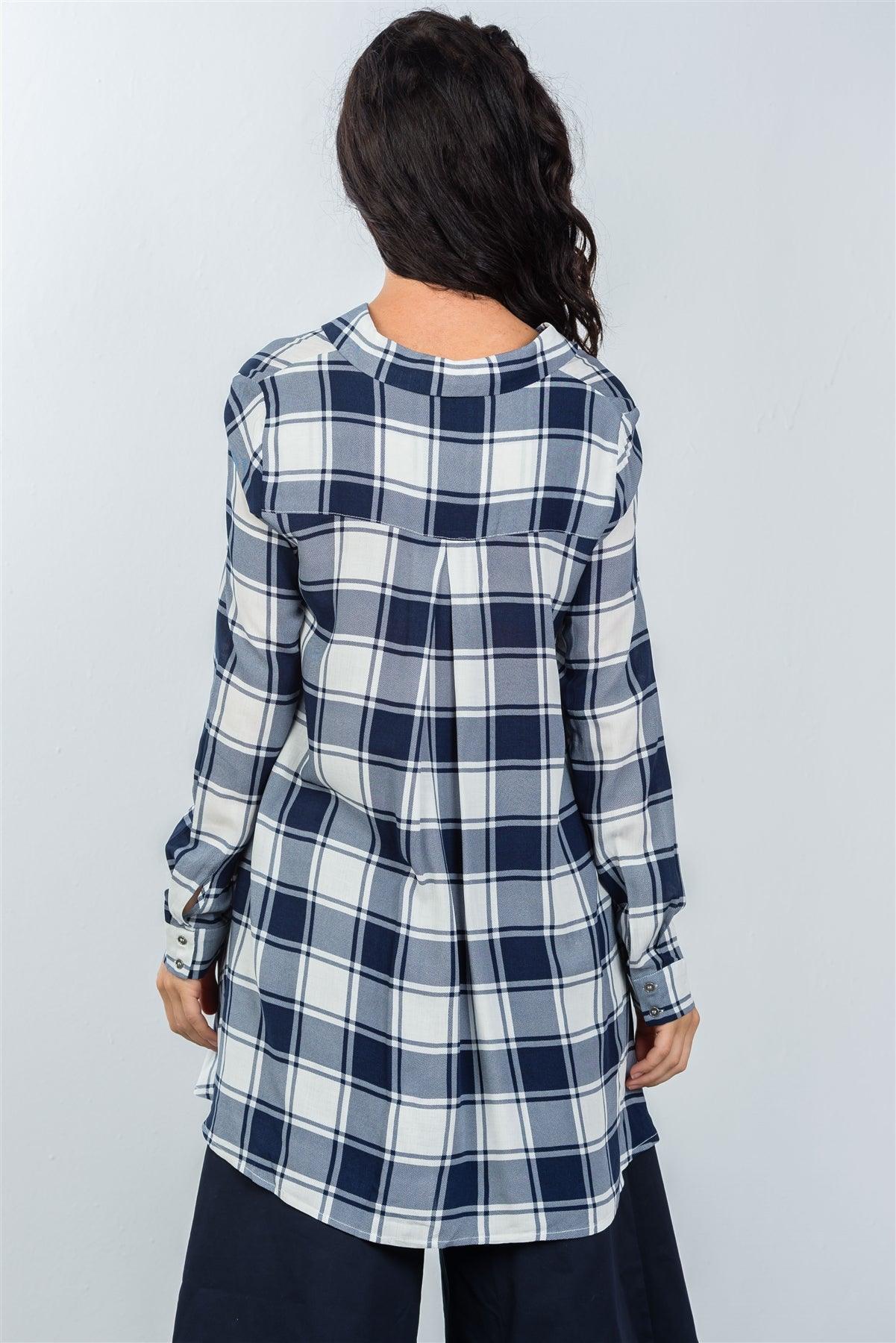 White And Navy Plaid Print Double Chest Pocket Shirt /3-2-1