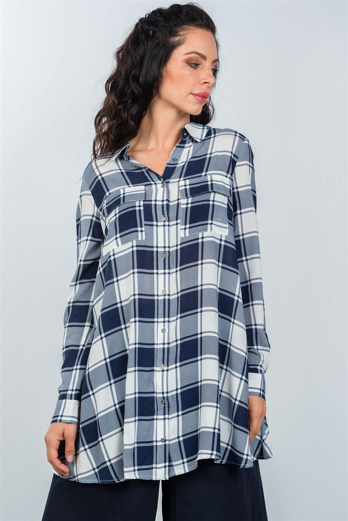 White And Navy Plaid Print Double Chest Pocket Shirt /3-2-1