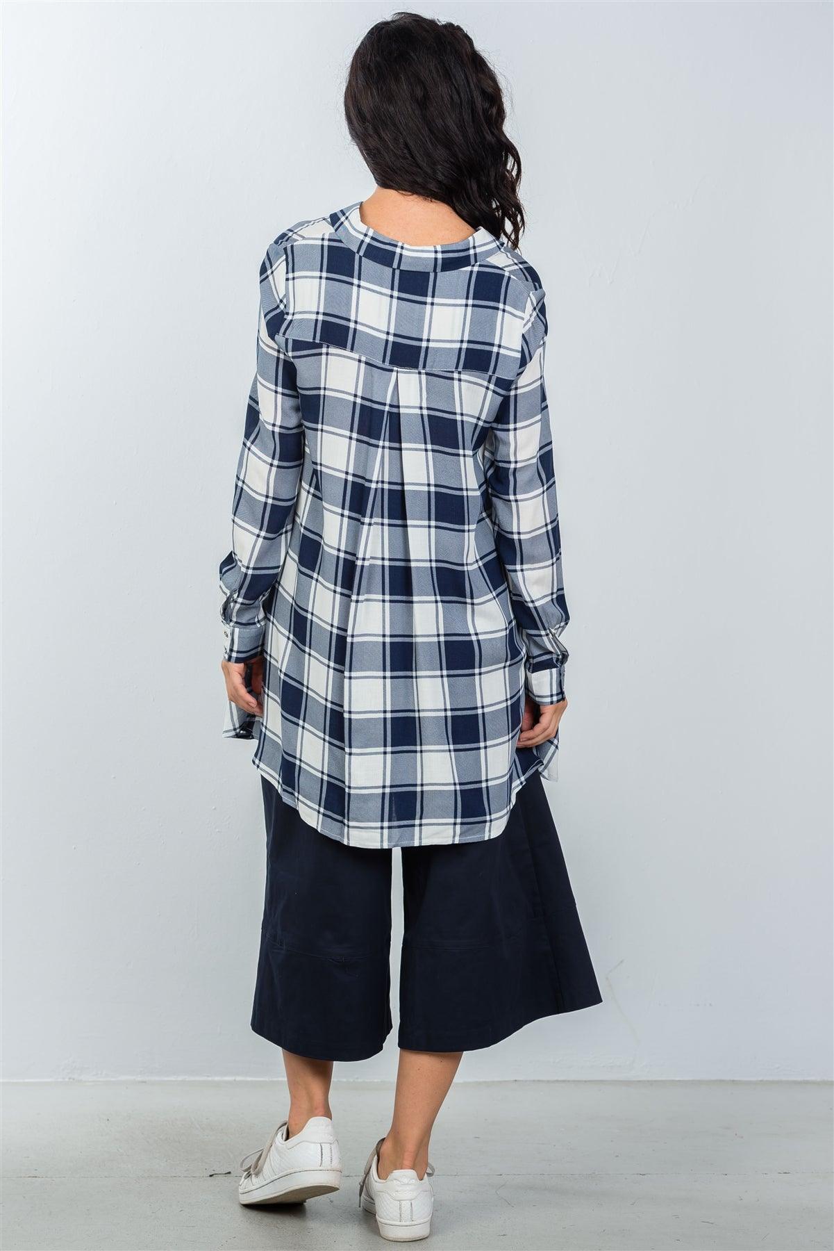 White And Navy Plaid Print Double Chest Pocket Shirt /3-2-1