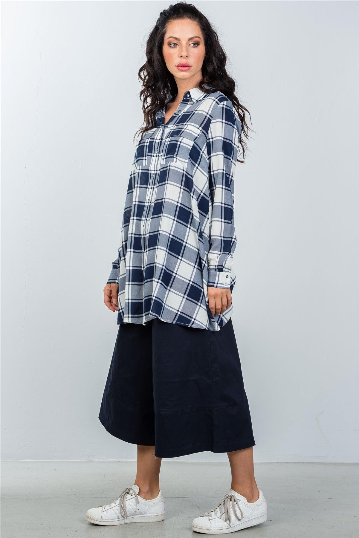 White And Navy Plaid Print Double Chest Pocket Shirt /3-2-1