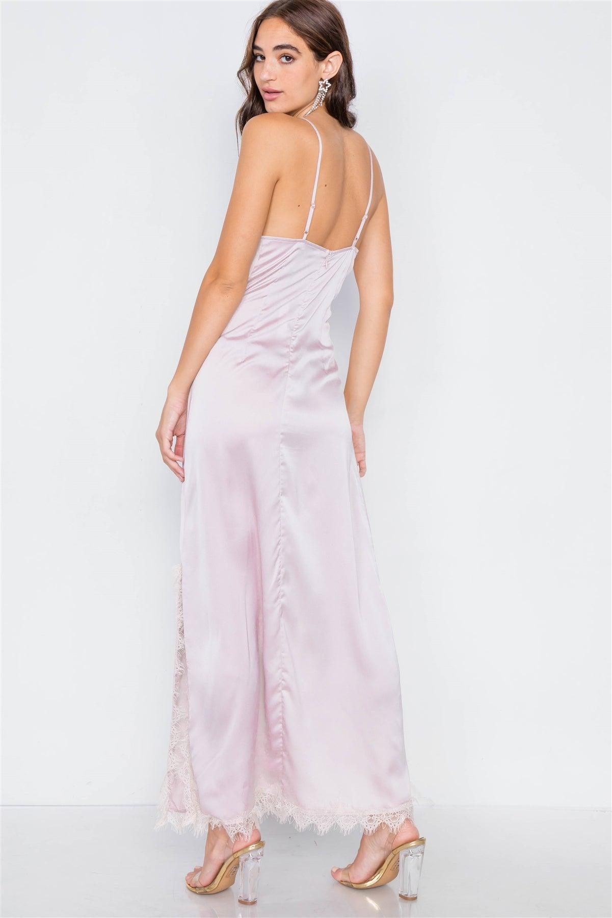 Champagne Satin Sheer Lace Trim Relaxed Fit Maxi Dress /2-1-2