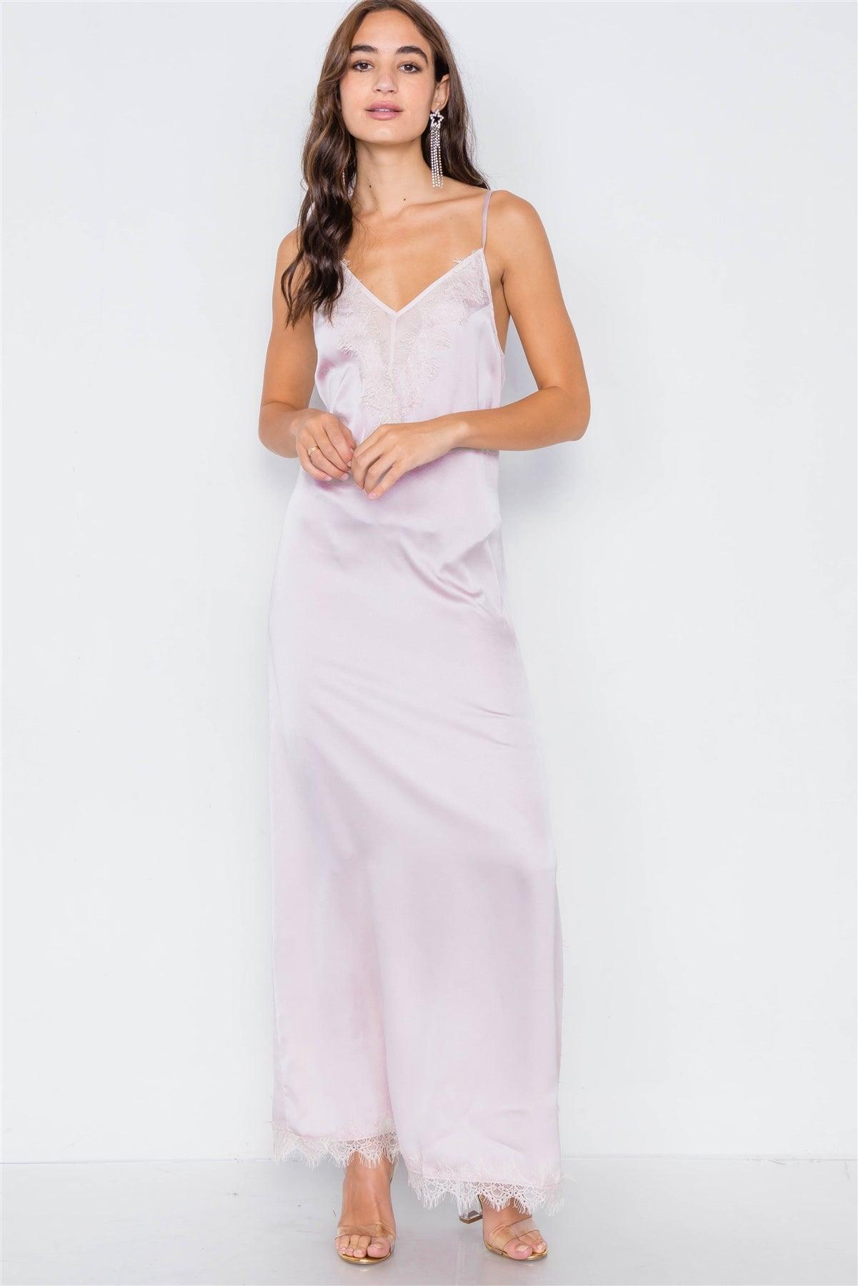 Champagne Satin Sheer Lace Trim Relaxed Fit Maxi Dress /2-1-2