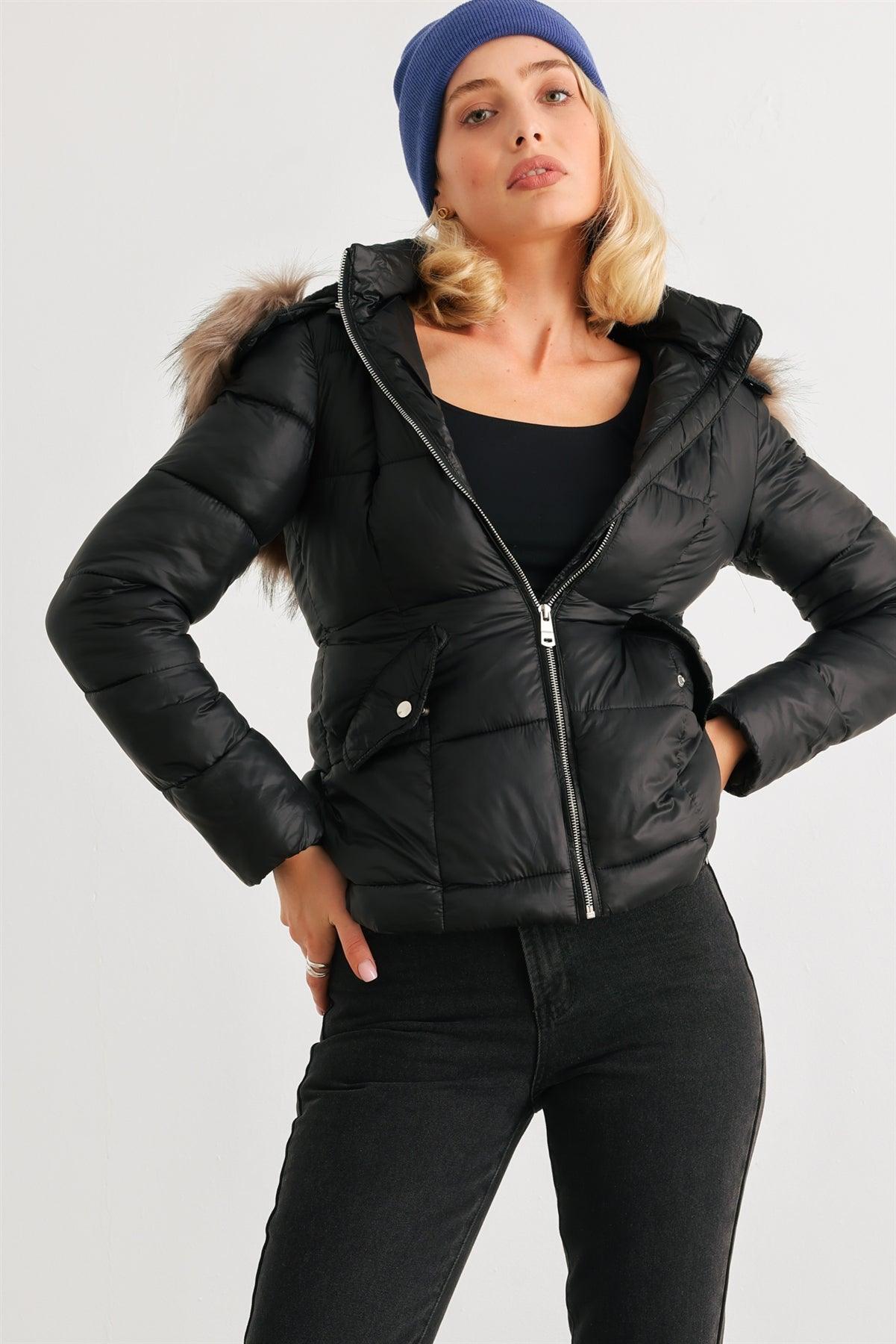 Black Long Sleeve Faux Fur Hood Padded Water Resistant Finish Puffer Jacket