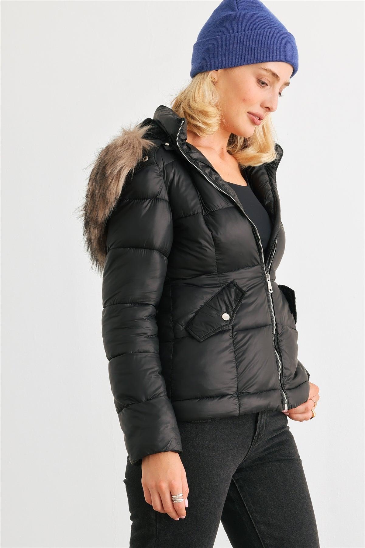 Black Long Sleeve Faux Fur Hood Padded Water Resistant Finish Puffer Jacket