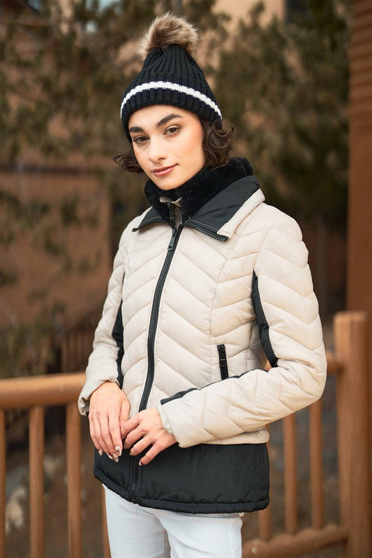 Cream & Black Chevron Quilted High Neck Double Zip Fastening Puffer Jacket /1-1-1-1