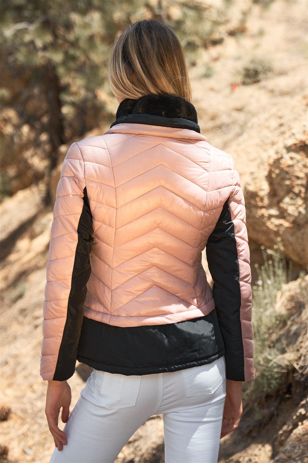 Rose & Black Chevron Quilted High Neck Double Zip Fastening Puffer Jacket