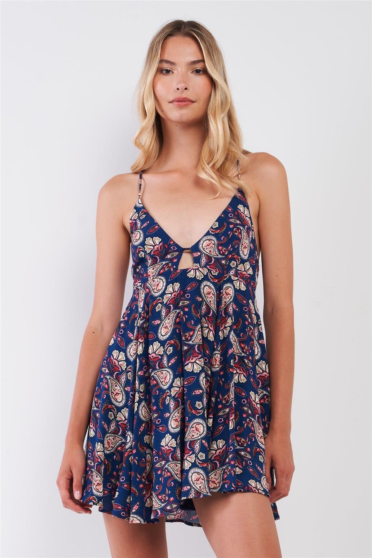 Navy Multi Boho Sleeveless Paisley Print Criss-Cross Back Relaxed Babydoll Mini Dress /2-3