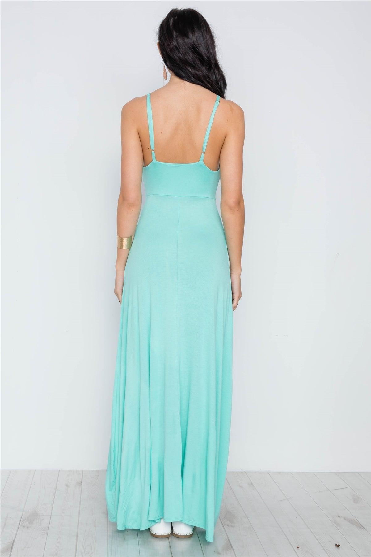 Sea Foam Turquoise Cami Strap Side Slit Solid Maxi Dress / 1-2-2-1