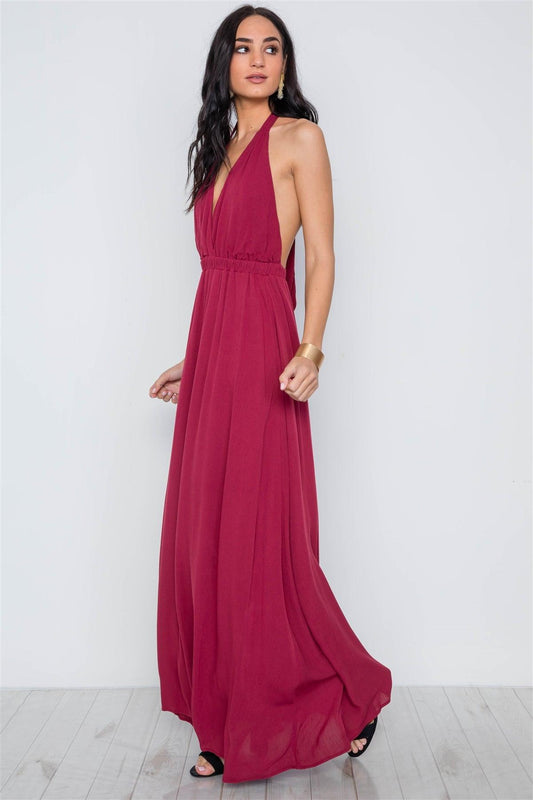 Burgundy Plunging Open Back Solid Maxi Dress /3-2-1