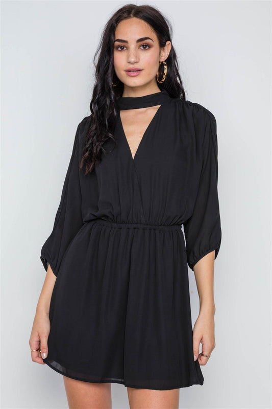 Black Batwing Sleeves Solid Mock-Neck Mini Dress /3-2-1