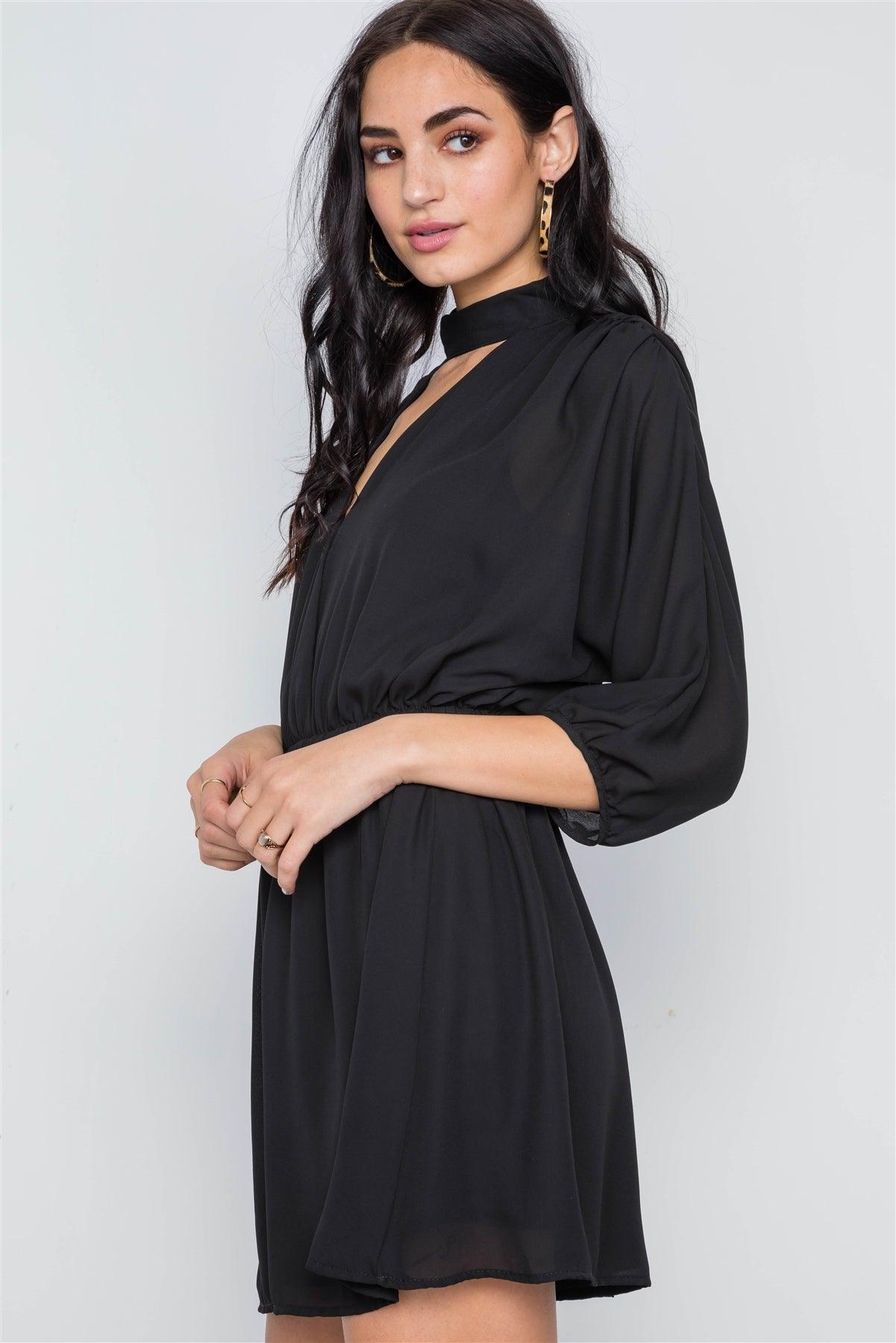 Black Batwing Sleeves Solid Mock-Neck Mini Dress /3-2-1