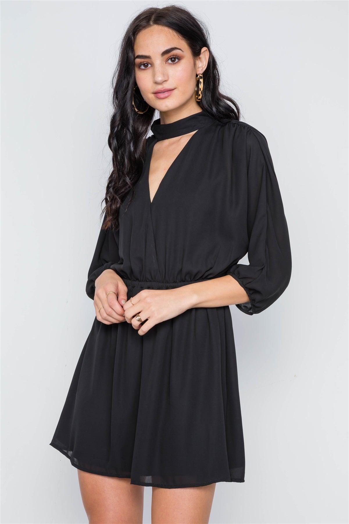 Black Batwing Sleeves Solid Mock-Neck Mini Dress /3-2-1