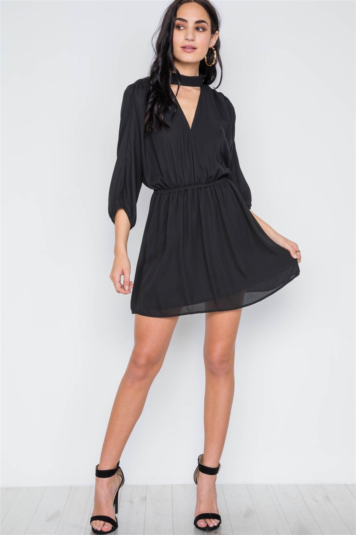 Black Batwing Sleeves Solid Mock-Neck Mini Dress /3-2-1