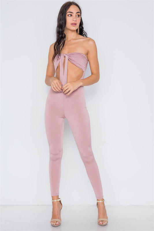 Mauve Front Tie Cut Out Skinny Leg Jumpsuit /2-2-2