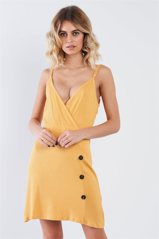 Mustard Yellow V-Neck Mock Side Button Casual Mini Dress  /1-1-2-1