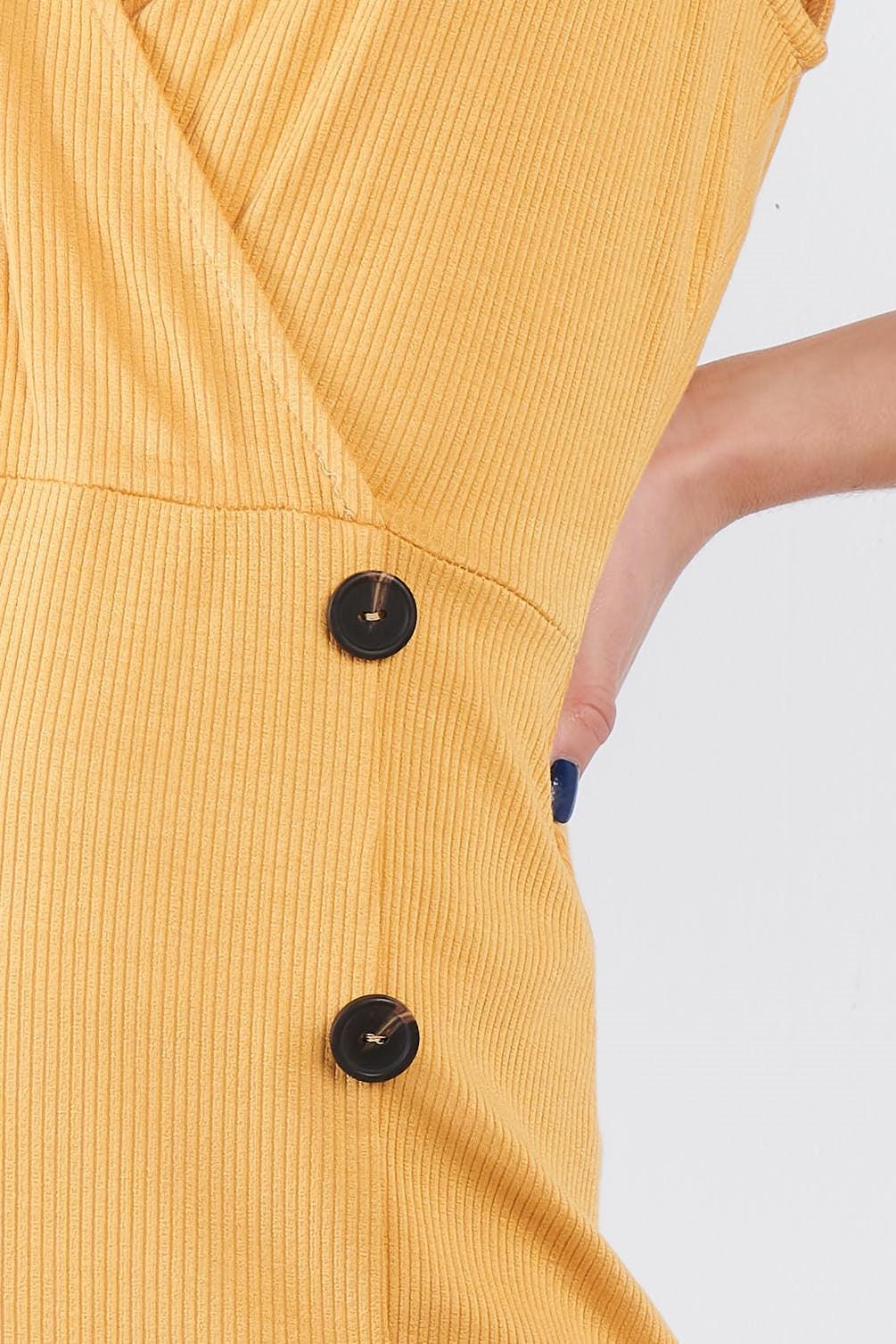 Mustard Yellow V-Neck Mock Side Button Casual Mini Dress  /1-2-2-1