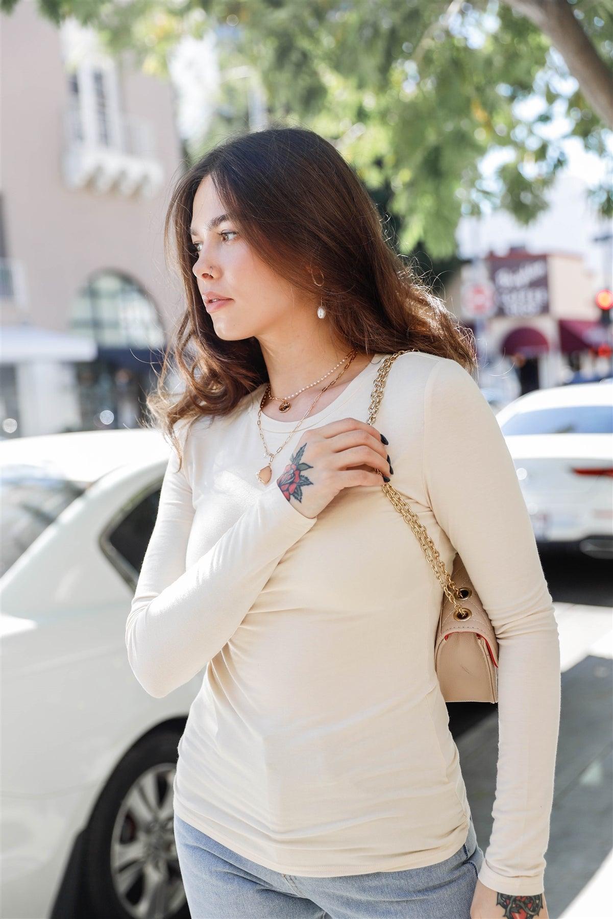 Beige Plain Second Skin Long Sleeve Basic Top /3-3