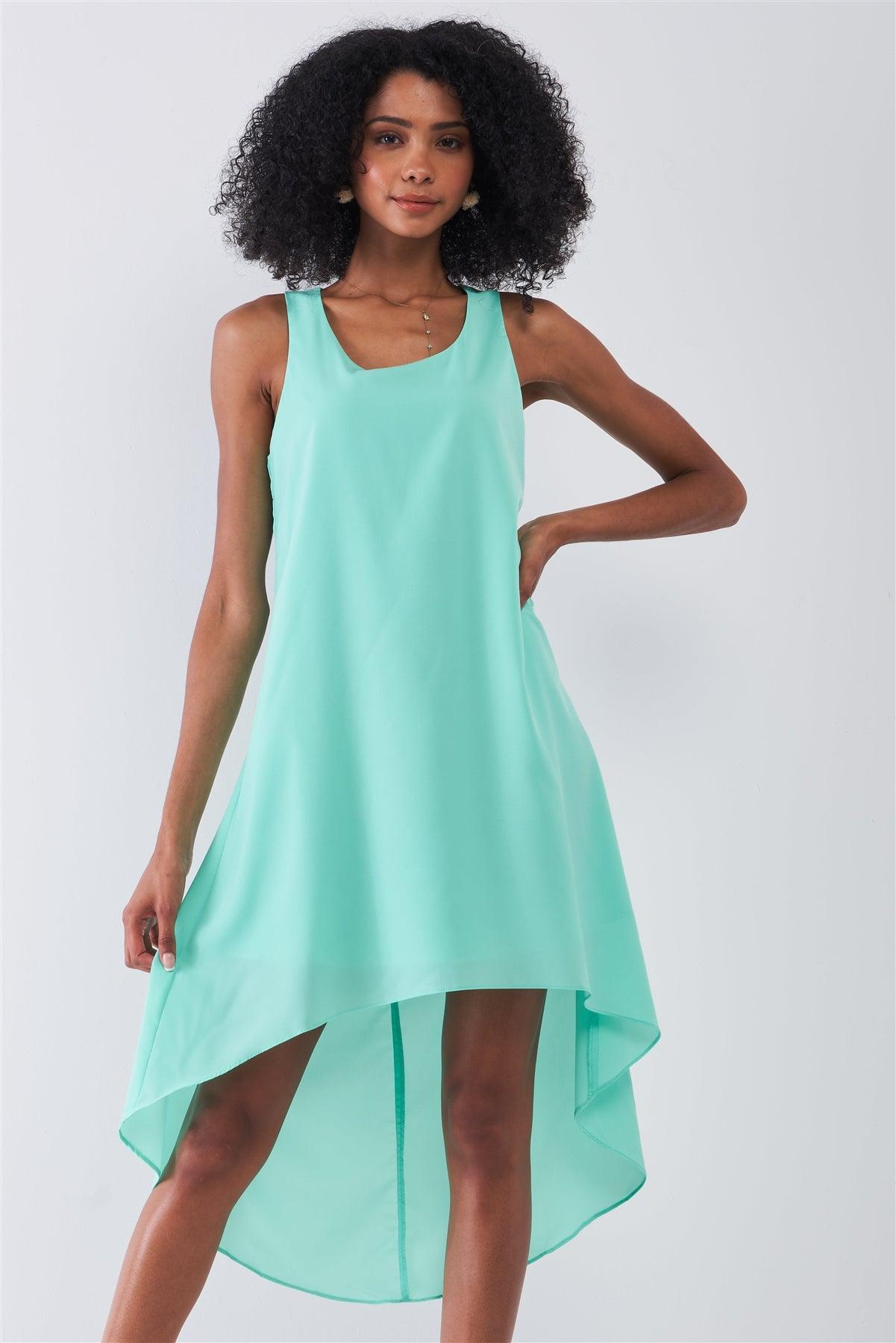 Fresh Mint Round Neck Sleeveless Asymmetrical Hem Relaxed Uneven Dress /1-2-2-1