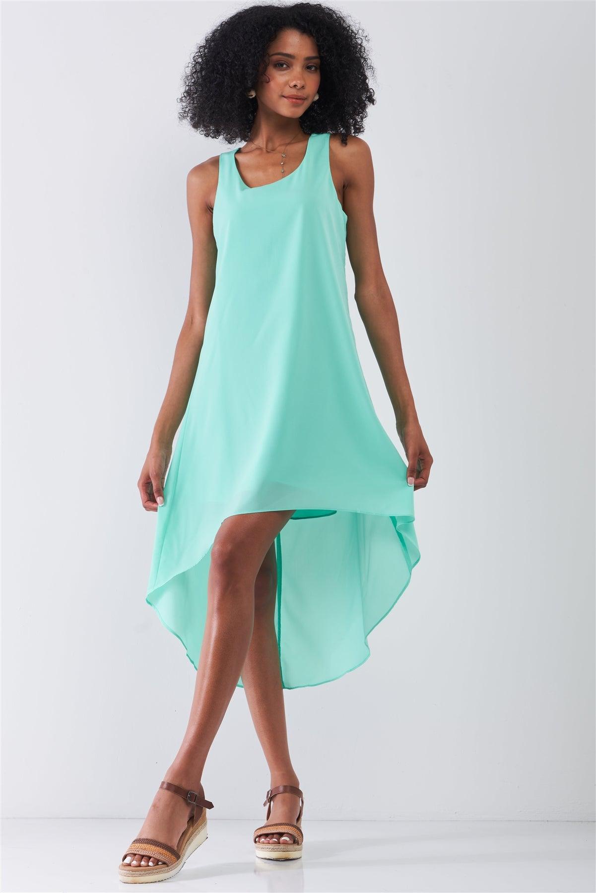 Fresh Mint Round Neck Sleeveless Asymmetrical Hem Relaxed Uneven Dress /1-2-2-1