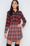 Red Black Plaid Flannel Long Sleeve Shirt Dress /3-2-1