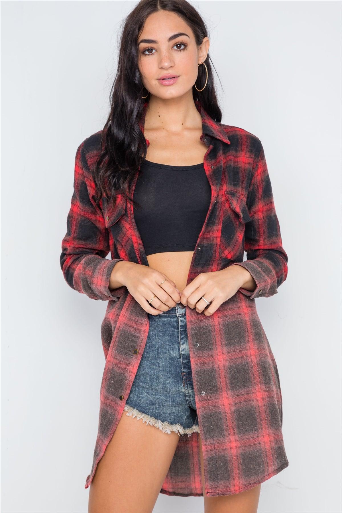 Red Black Plaid Flannel Long Sleeve Shirt Dress /3-2-1