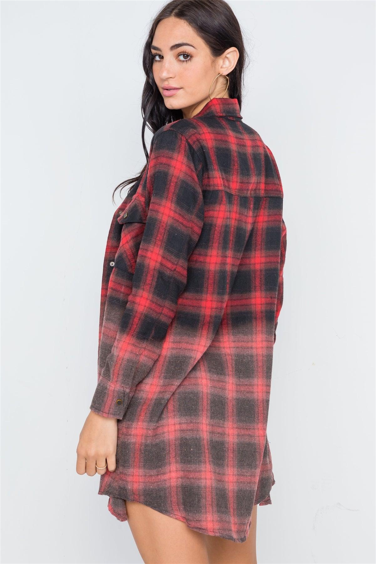 Red Black Plaid Flannel Long Sleeve Shirt Dress /3-2-1