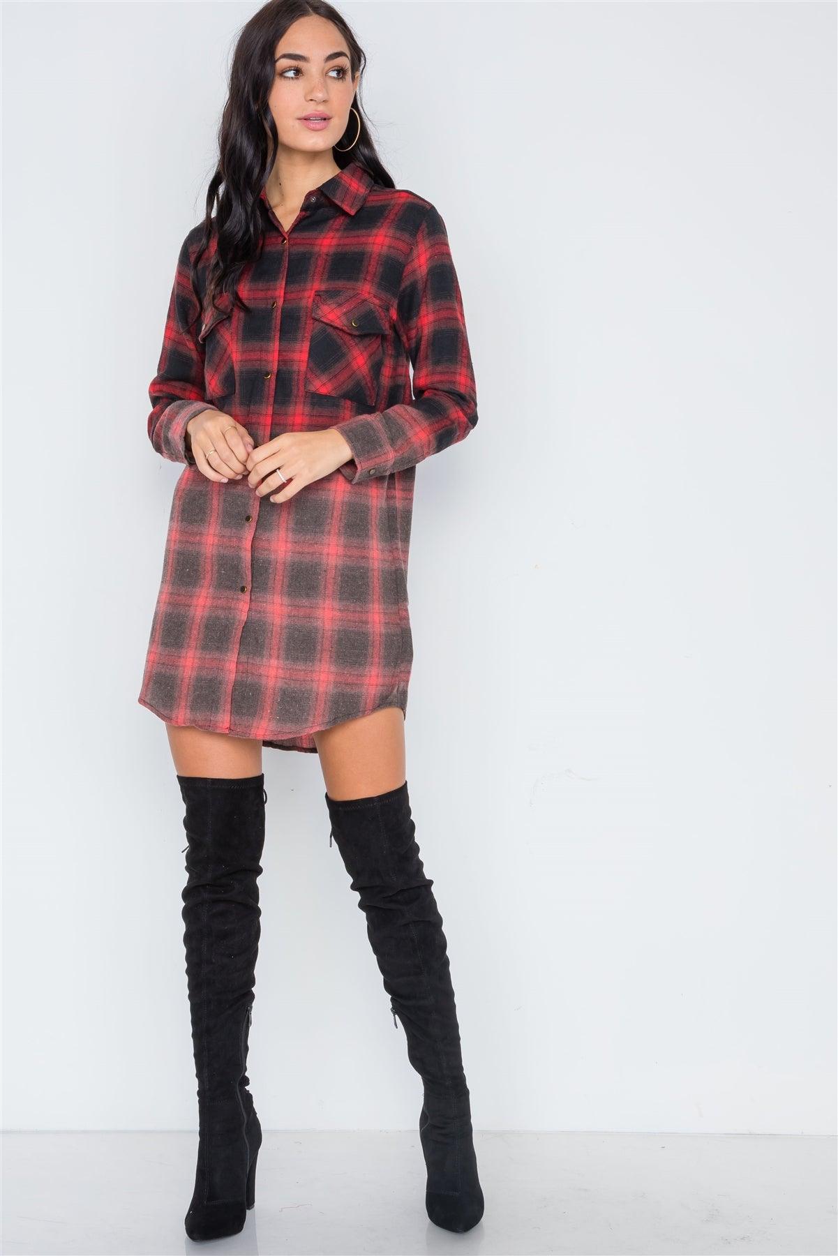 Red Black Plaid Flannel Long Sleeve Shirt Dress /3-2-1